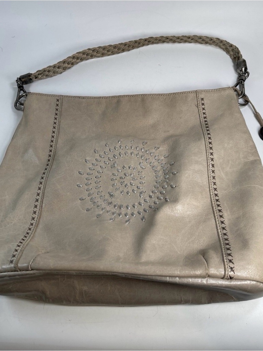 The SAK Cream Leather Hobo with Braided Strap Boho Studded
